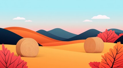 A tranquil autumn landscape featuring hay bales and colorful leaves against rolling hills in a vibrant sunset sky.