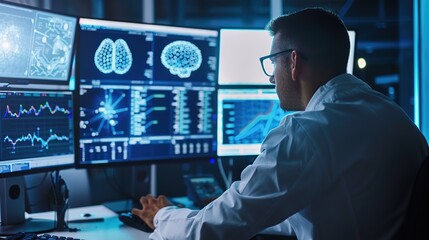 Data science and big data technology. Scientist computing, analysing and visualizing complex data set on computer. Data mining, artificial intelligence, machine learning, business analytics