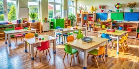 A colorful classroom setup with a teacher's desk, chair, and student's desk, showcasing learning materials, and a few toys, creating a warm and engaging learning atmosphere.