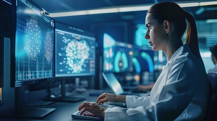 Data science and big data technology. Scientist computing, analysing and visualizing complex data set on computer. Data mining, artificial intelligence, machine learning, business analytics