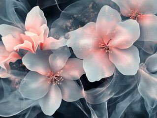 Delicate pink flowers with translucent petals on a dark background, creating a soft, ethereal floral composition, perfect for elegant designs.