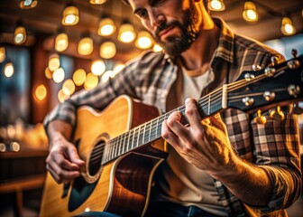 Fototapeta premium Closeup of skilled male musician's hand playing acoustic guitar strings with intense focus in dimly lit restaurant ambiance with blurred background.