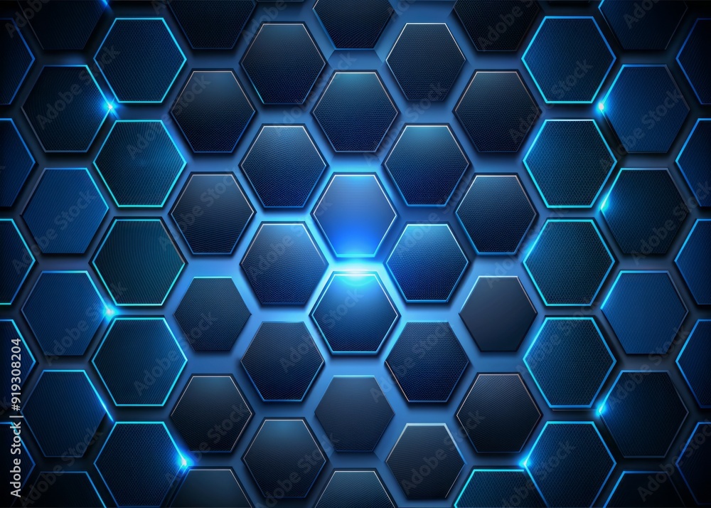 Poster dark blue and black hexagons combine in a mesmerizing futuristic pattern, creating a seamless abstra