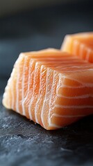 A piece of salmon is sliced into thin strips