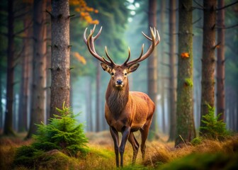Fototapeta premium Majestic brown deer with impressive antlers stands alert in the heart of autumnal forest, surrounded by towering pine trees and lush green grass, exuding wilderness.