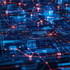 Obraz premium futuristic network of Digital and business transformation connected by graphs to a shown from birds eye view with side-lighting 