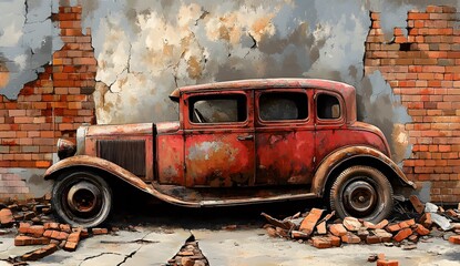 Fototapeta premium A photorealistic painting of an old red and rusty car behind broken down brick wall, cracked bricks on the ground, urban decay, vintage style