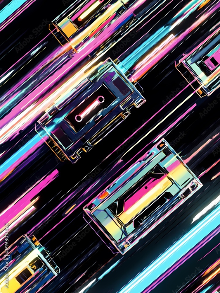 Poster multiple iridescent cassette tapes are scattered across a black background with neon lines.