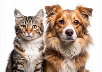 Obraz premium Adorable dog and cat duo gaze at the camera together, showcasing heartwarming friendship and undeniable affection, isolated on a transparent background.