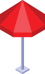 Red beach umbrella standing on the sand, isometric view