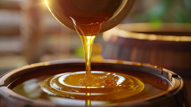 Golden honey slowly pours from a ladle into a wooden barrel, creating a sense of natural, fresh product