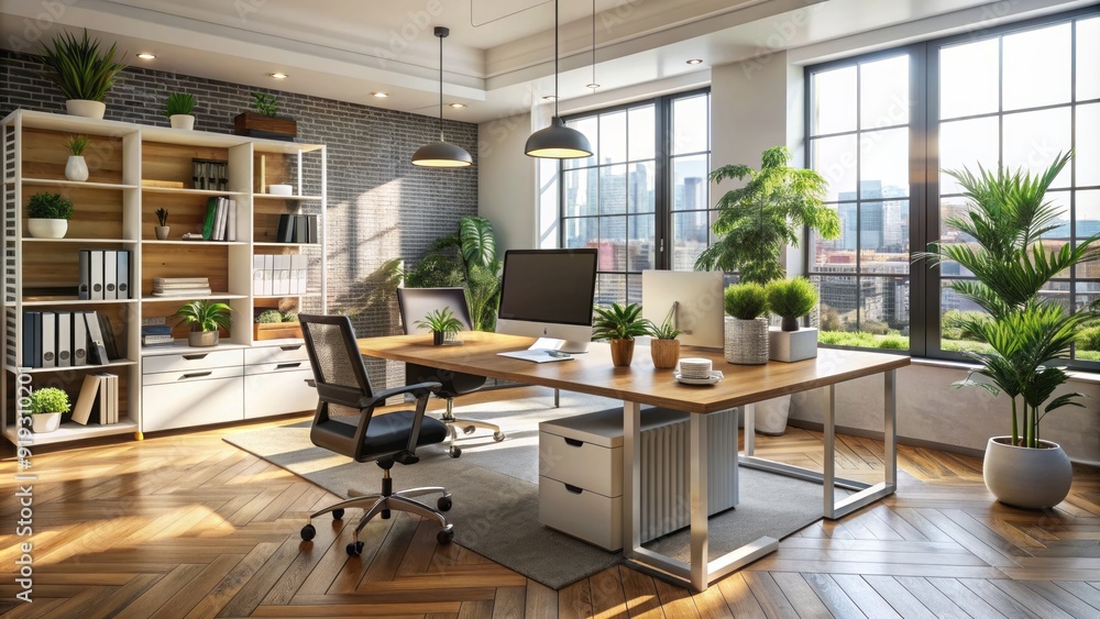Poster modern office workspace. room is designed with contemporary furniture and stylish decor creating cle