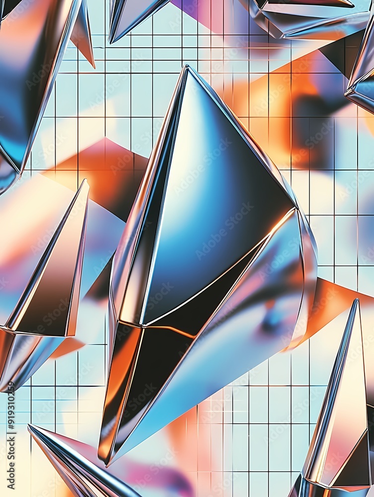Poster abstract chrome triangular shapes on a grid background.
