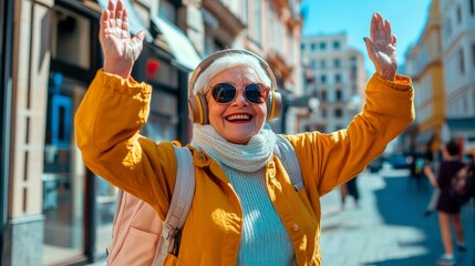 Fototapeta premium A happy grandmother with headphones dancing and enjoying music outside on a sunny day.