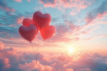 Fototapeta premium whimsical 3d rendering of love concept heartshaped balloons floating in surreal pastel skyscape soft dreamy atmosphere