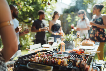 Summer backyard barbecue party with friends gathered and food on barbecue grill
