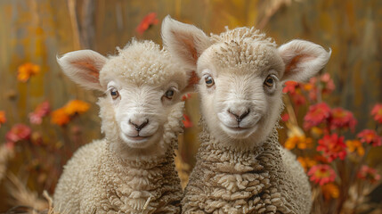 Obraz premium This is a painting of two white baby sheep with fluffy wool.