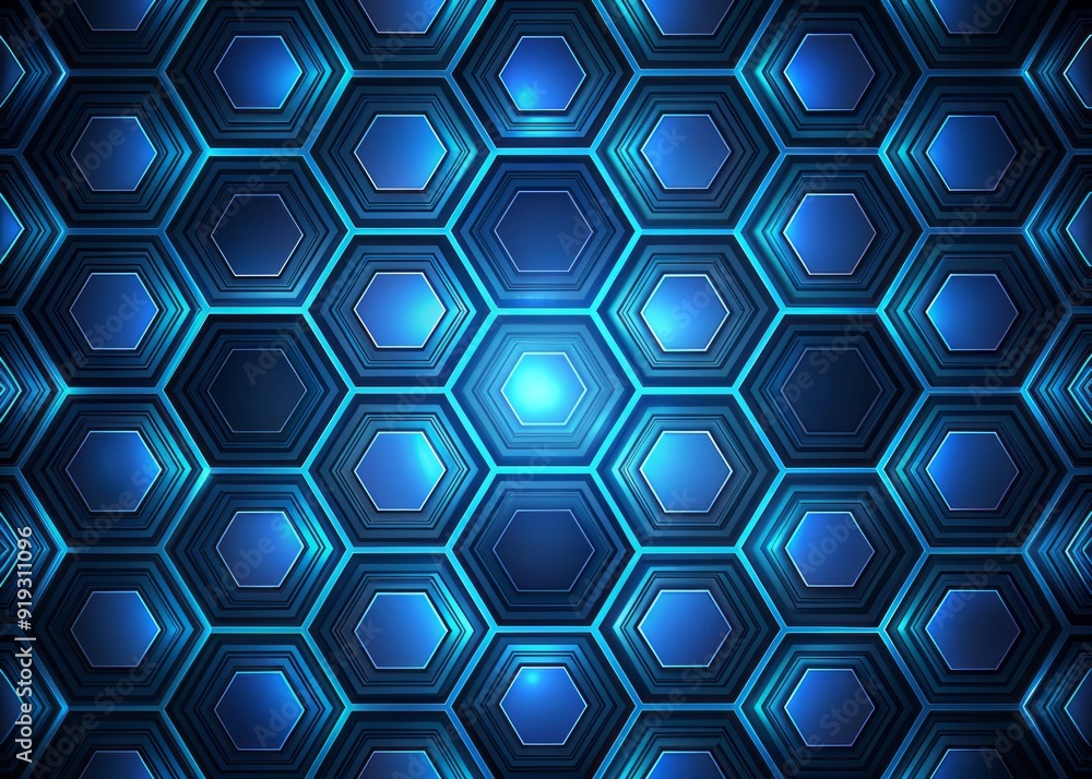 Poster geometric futuristic abstract background features repeating hexagon pattern in deep blues and blacks