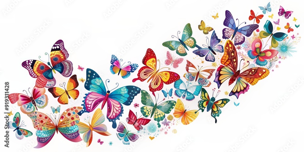 Poster colorful, delicate butterflies of various species, with intricate patterns and shapes, flutter and s