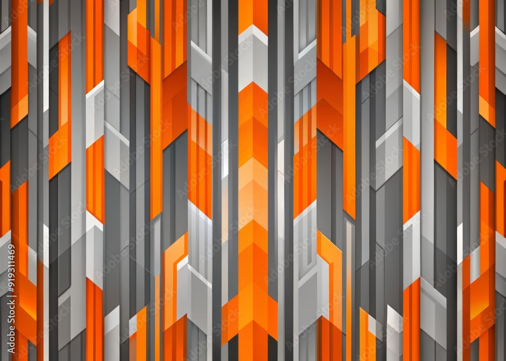 Poster vibrant orange and grey geometric patterns intertwined in a modern abstract design, creating a dynam