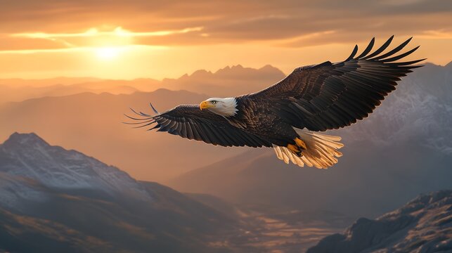 A majestic bald eagle soaring high above the mountains at sunset, with its wings spread wide and eyes focused on searching for prey