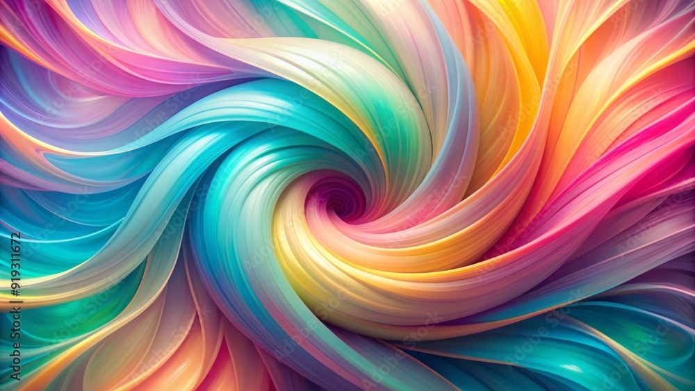 Poster vibrant twisted shapes swirl dynamically across a soft, pastel-hued background, creating a mesmerizi