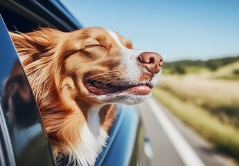 Close up photo of a happy dog hanging out the car window on a road trip, with a happy face and smiling happy expression, against a landscape background.