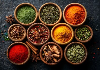 Colorful spices and herbs on a dark background, in a top view. Spices in wooden bowls with powder, saffron, turmeric, cumin, cardamom, 