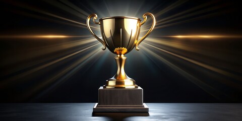 A majestic golden trophy sits elegantly on a sleek black pedestal, its intricate design and shiny surface reflecting light, symbolizing excellence and achievement.