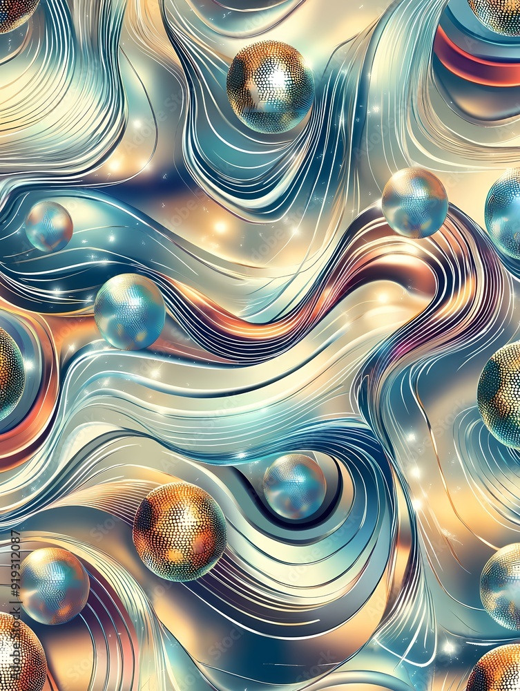 Poster abstract background with 3d spheres on wavy lines.