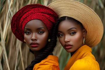 Two women, one in a red headwrap and the other in a yellow hat, posing together against a yellow background.
