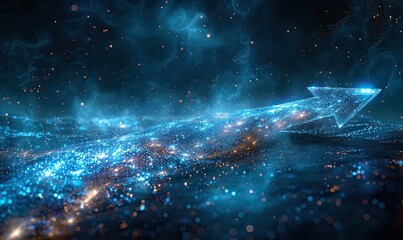 light up blue particles arrow on dark blue background business growth competition technology concept.