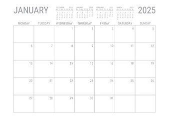 January Calendar 2025 Monthly Planner Printable A4 Monday Start	
