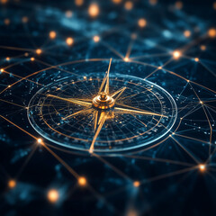 futuristic network of Digital and business transformation connected by lines to a compass shown from eye-level angle with front-lighting 