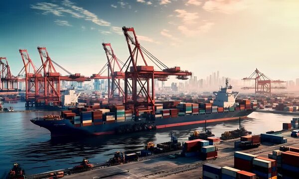 busy seaport with cargo ships being loaded and unloaded, cranes lifting containers, and logistics operations supporting global trade.