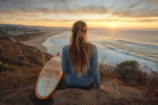 A surfer with long hair, seated on a cliff holding a surfboard, gazing out at the waves of the ocean beneath a colorful sunset sky, preparing for the next surf.
