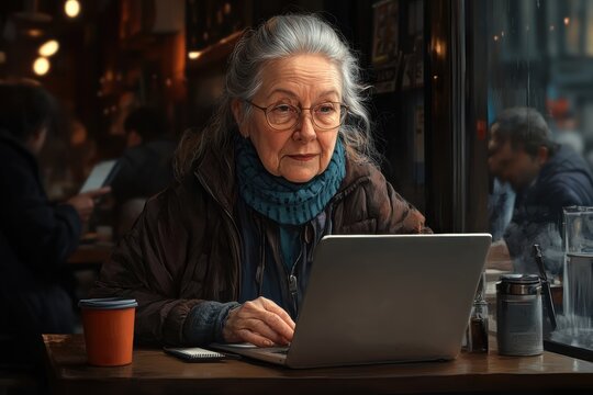 An elderly woman with glasses and a scarf sits at a cafe table with a laptop and coffee cup, engrossed in her work amidst a warm and bustling cafe ambiance.