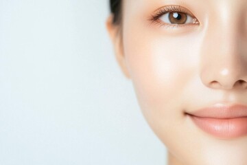 Fototapeta premium Closeup of an Asian woman with radiant skin, smiling softly against a plain white background