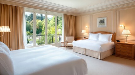 A minimalist hotel room features gray concrete walls, white bedding, and glass balcony views of a serene snow-covered forest outside