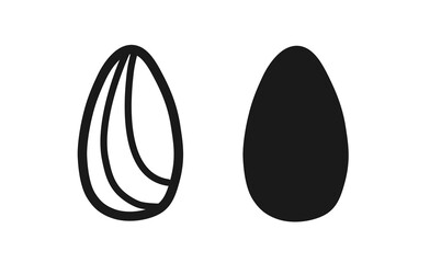 Fototapeta premium Sunflower seed peeled kernel and in shell silhouette icon. Healthy snack, plant oil design element for web, mobile, logo, decoration. Organic food. Vector illustration isolated on white background