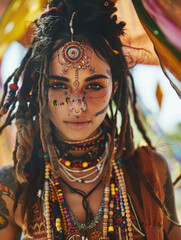 Obraz premium Woman with Bohemian Style Makeup and Jewelry at a Cultural Festival