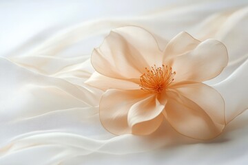 Obraz premium Close-up of a delicate peach-colored flower on white fabric.