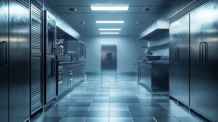 A large, empty kitchen with stainless steel appliances and a large refrigerator