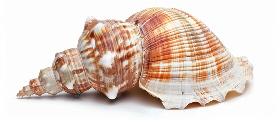 Obraz premium Two colorful seashells on a white background, showcasing intricate textures and patterns. A serene and natural aesthetic, perfect for a relaxing seaside vibe.