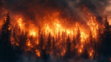 A forest fire is raging through a wooded area, with trees