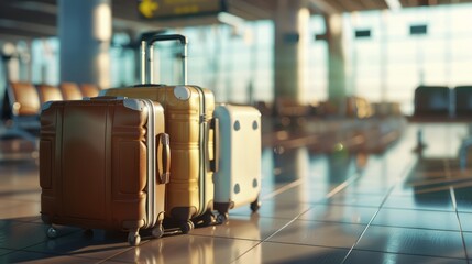 Realistic 3d rendering of multiple suitcases in a modern airport terminal, showcasing travel concepts and luggage arrangements for vacation and business trips
