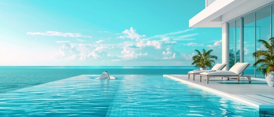 Tranquil pool next to the ocean, lone swimmer, sunbeds, and palm tree, setting of modern vacation home with clear blue water and serene atmosphere.