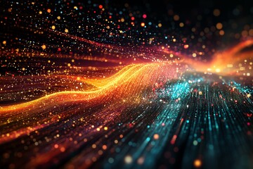 Glowing network of orange and teal lights representing data exchange.