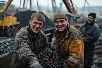 Fototapeta premium Two male workers, covered in coal dust, share a light-hearted moment as they shovel coal at an industrial site, highlighting their teamwork and determination amidst the heavy machinery.