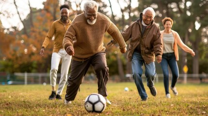 Elderly multicultural group enjoys lively soccer game in park, highlighting inclusivity, active lifestyle, and social interaction among older adults.